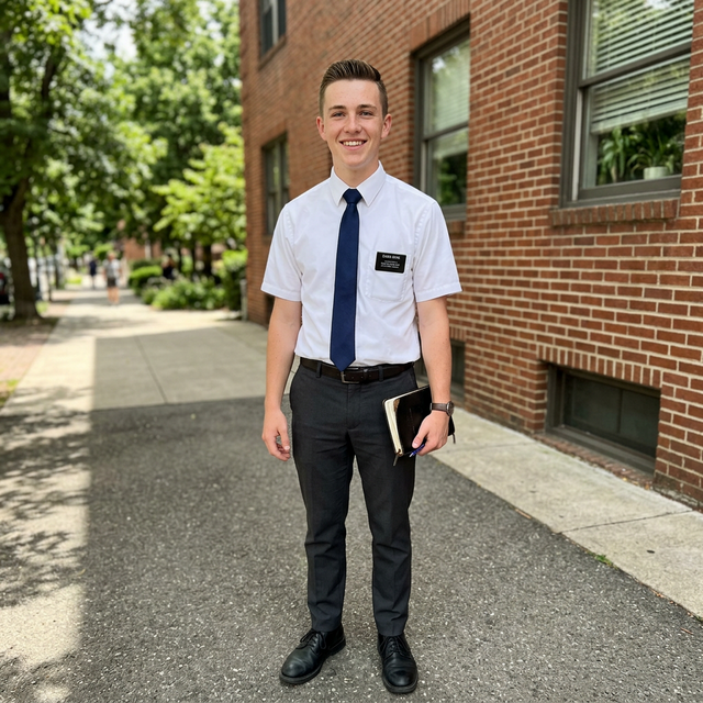 Candid photo of LDS missionary