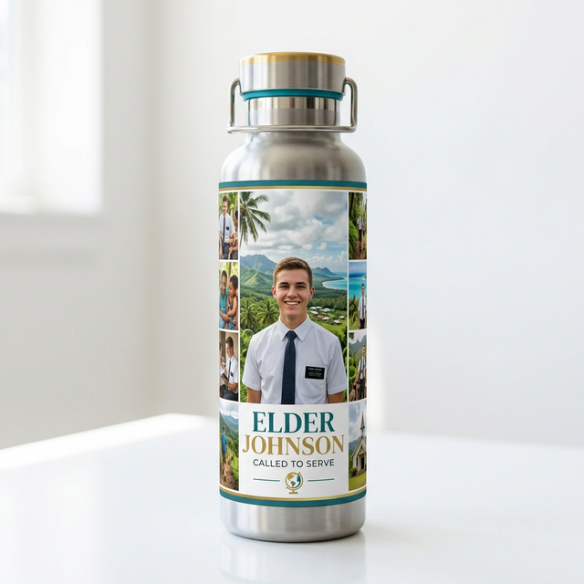 Custom water bottle with missionary photo and mission graphics